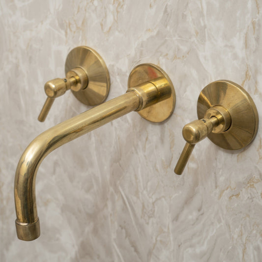 Unlacquered Brass Bathroom Sink Faucet, Handcrafted Brass Wall Mounted Faucet