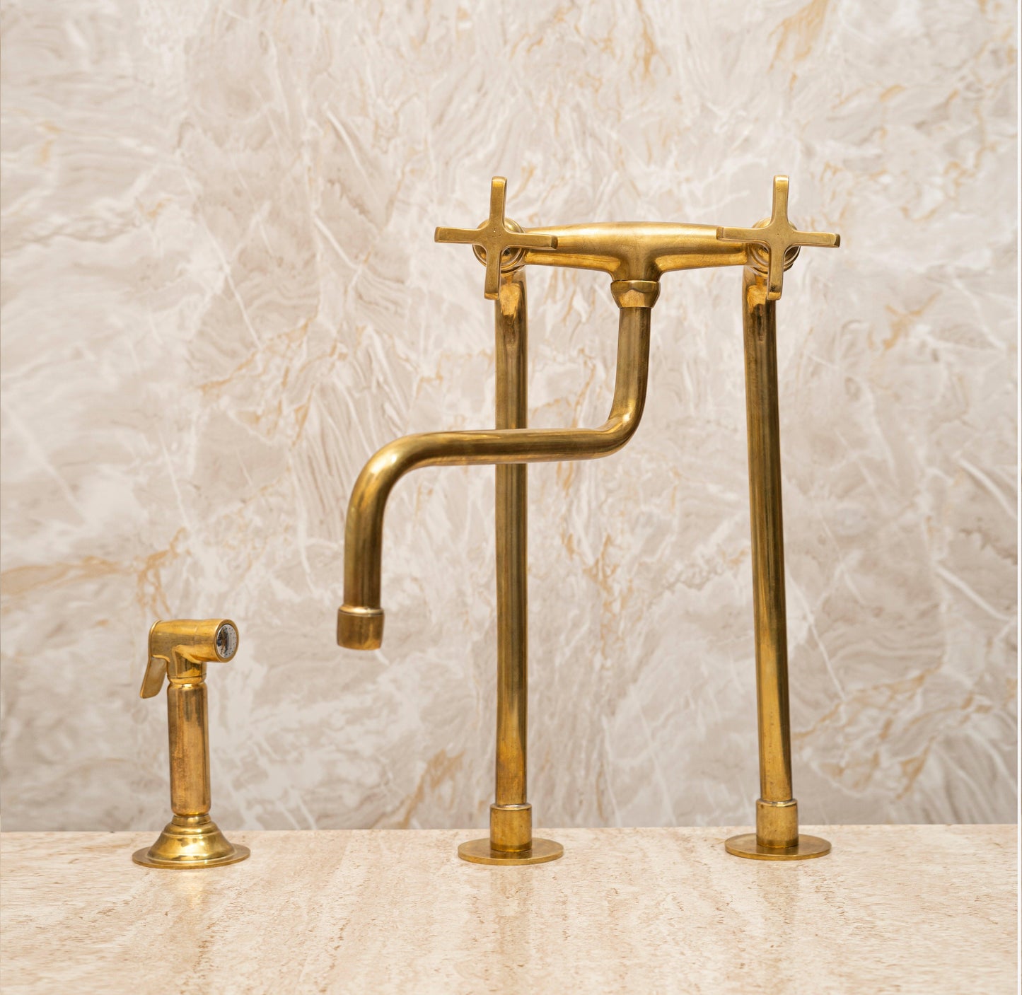 Unlacquered Brass Kitchen Long legs Faucet with Sprayer