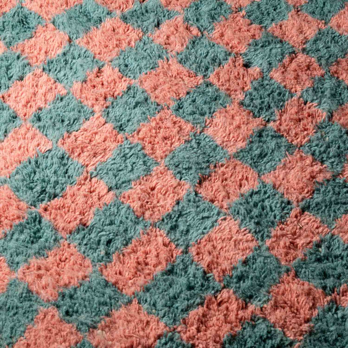 Checkered Wool Rug - Teal & Pink - handmade - Vintage style -Chic Boho Rug