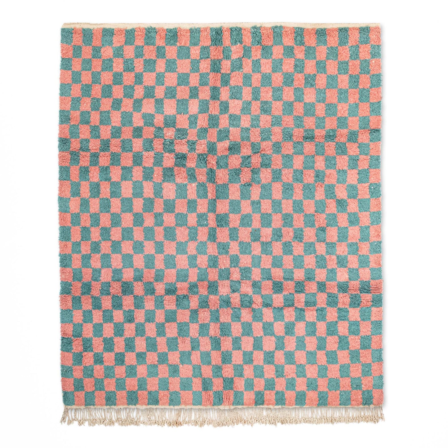 Checkered Wool Rug - Teal & Pink - handmade - Vintage style -Chic Boho Rug