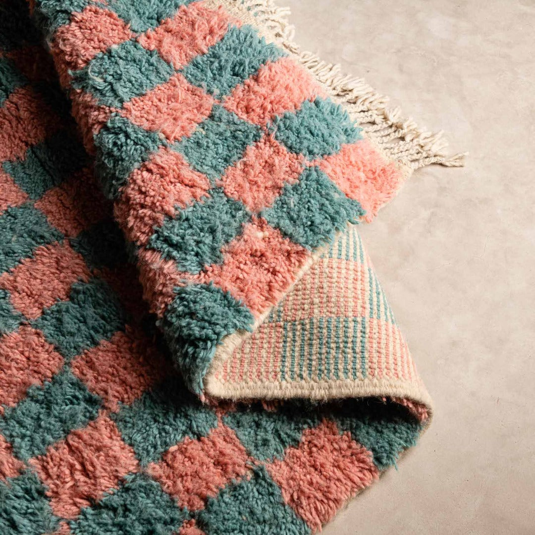 Checkered Wool Rug - Teal & Pink - handmade - Vintage style -Chic Boho Rug