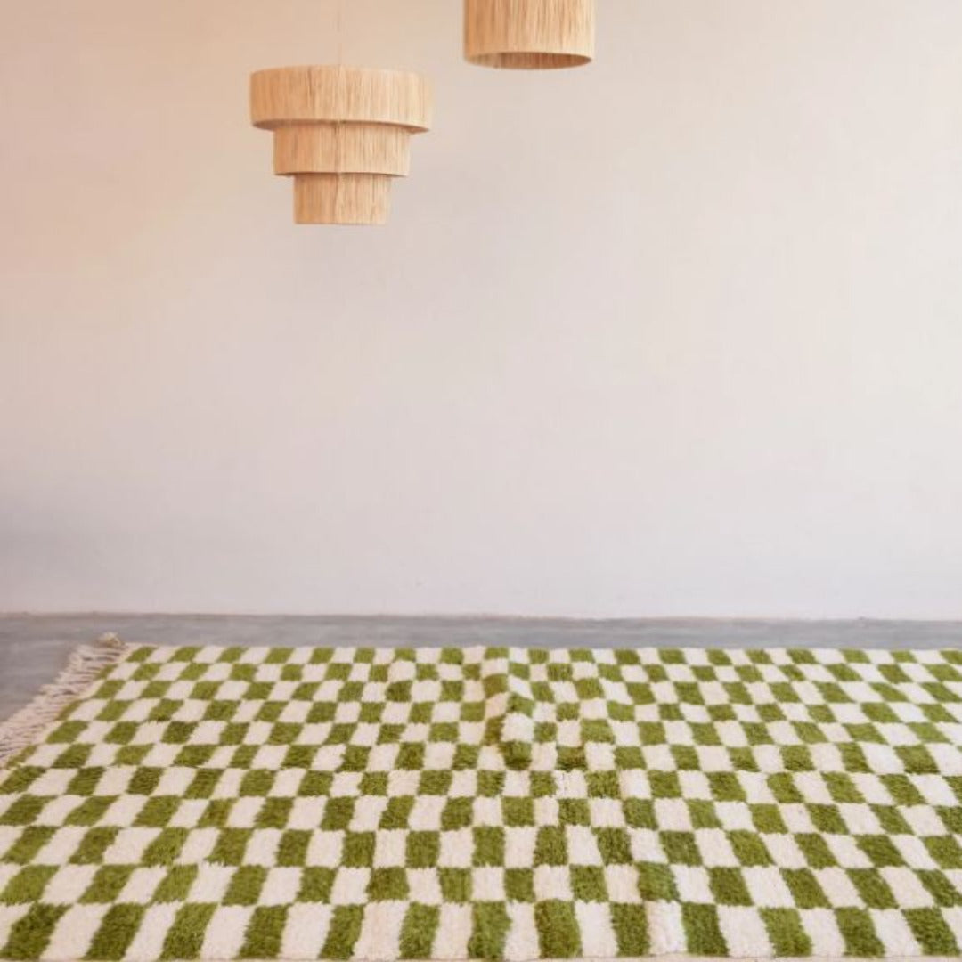 Checkered Wool Rug - Light green & White