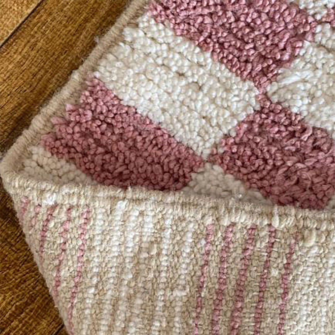 Checkered Wool Rug - Pink & White - handmade - vintage style