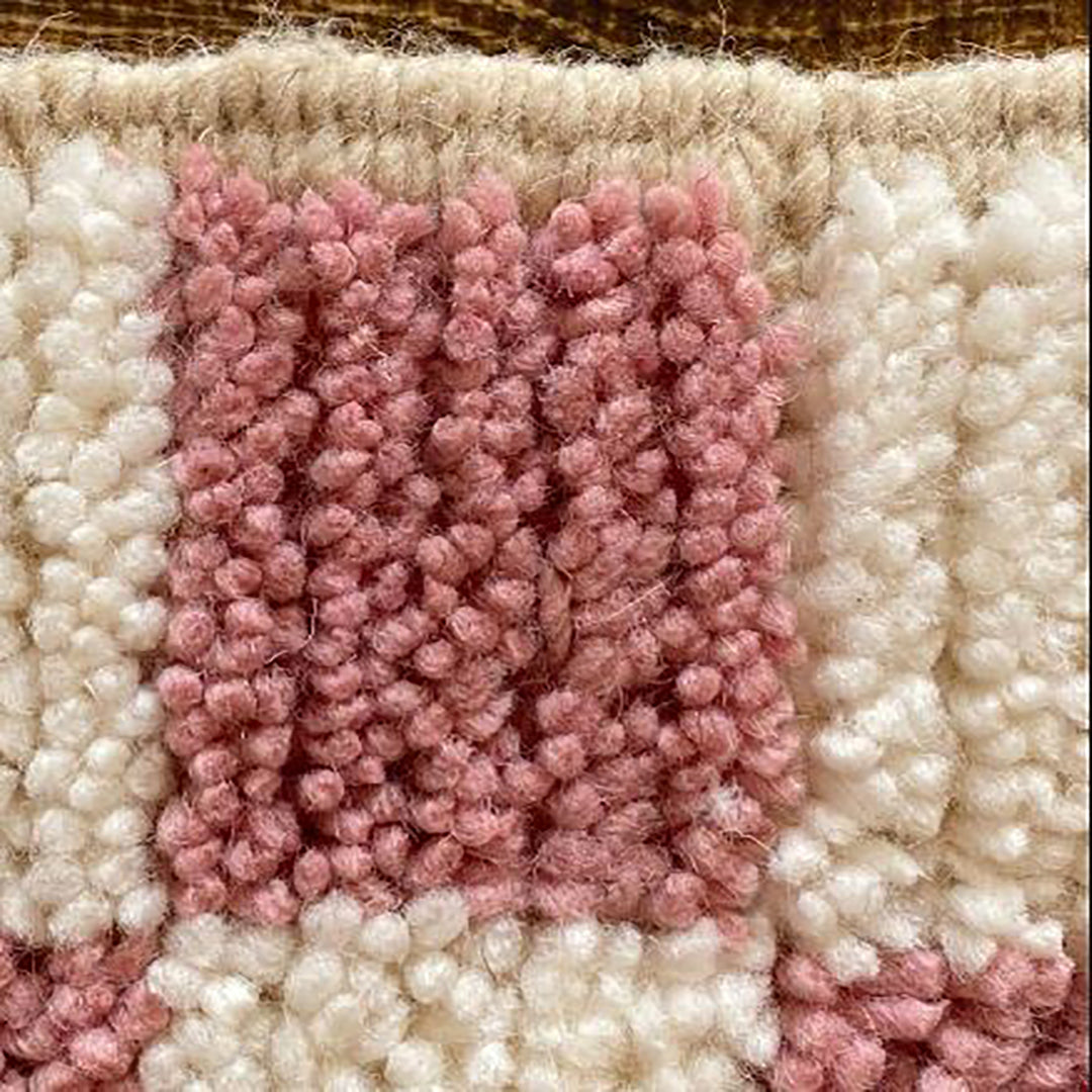 Checkered Wool Rug - Pink & White - handmade - vintage style