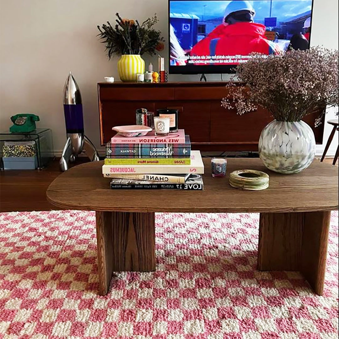 Checkered Wool Rug - Pink & White - handmade - vintage style