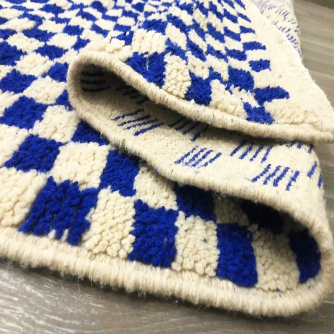 Checkered Wool Rug - Blue & White