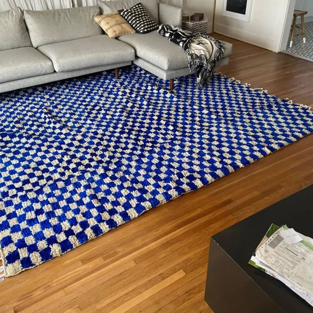 Checkered Wool Rug - Blue & White