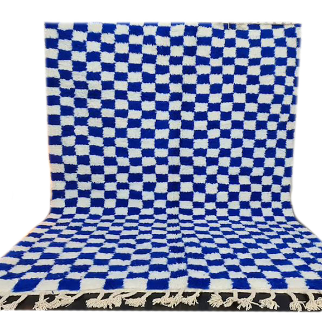 Checkered Wool Rug - Blue & White