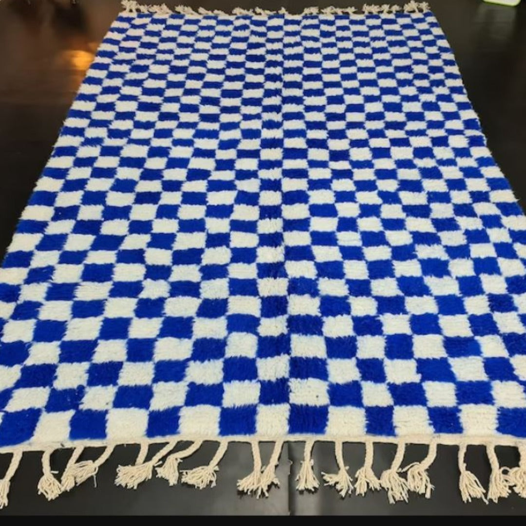 Checkered Wool Rug - Blue & White