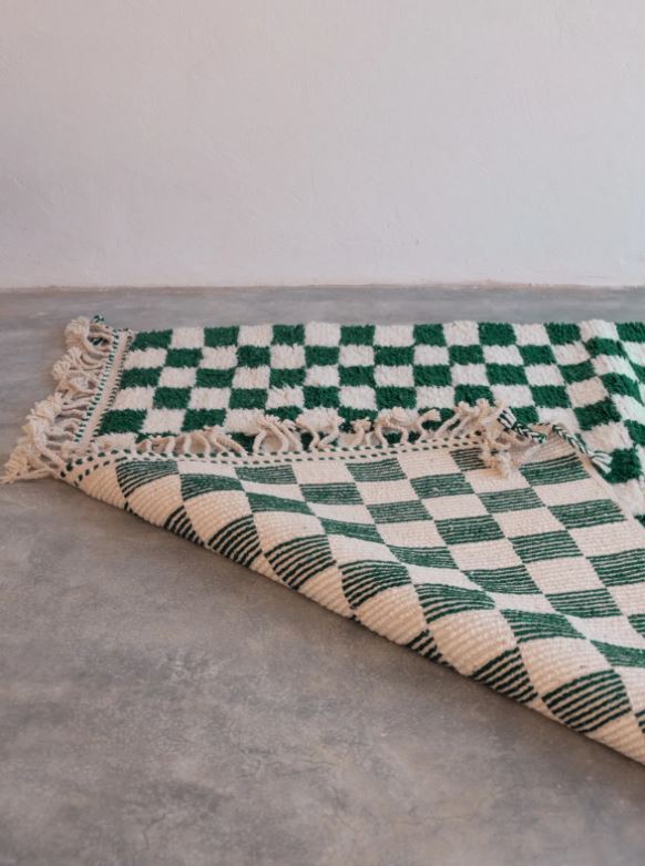 Checkered Wool Rug - Green & White