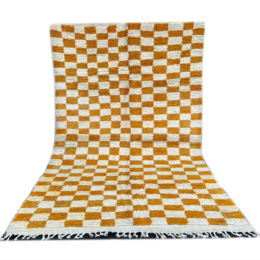 Checkered Wool Rug - Handmade- Gold Brown & White - Design