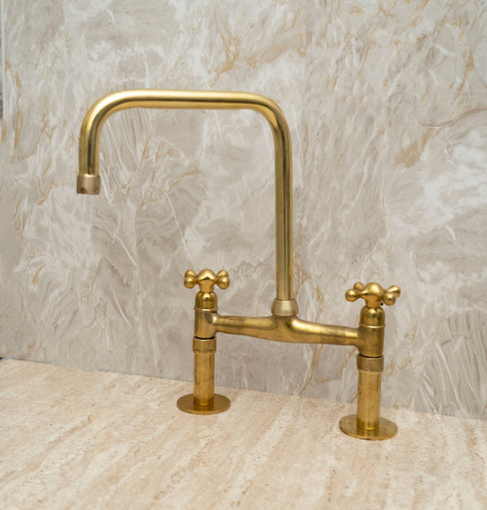 Unlacquered solid brass 8" Brass Bridge faucet with square spout