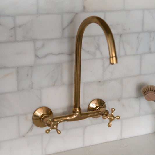 Unlacquered Brass Kitchen Wall Mount Faucet With Cross Handles