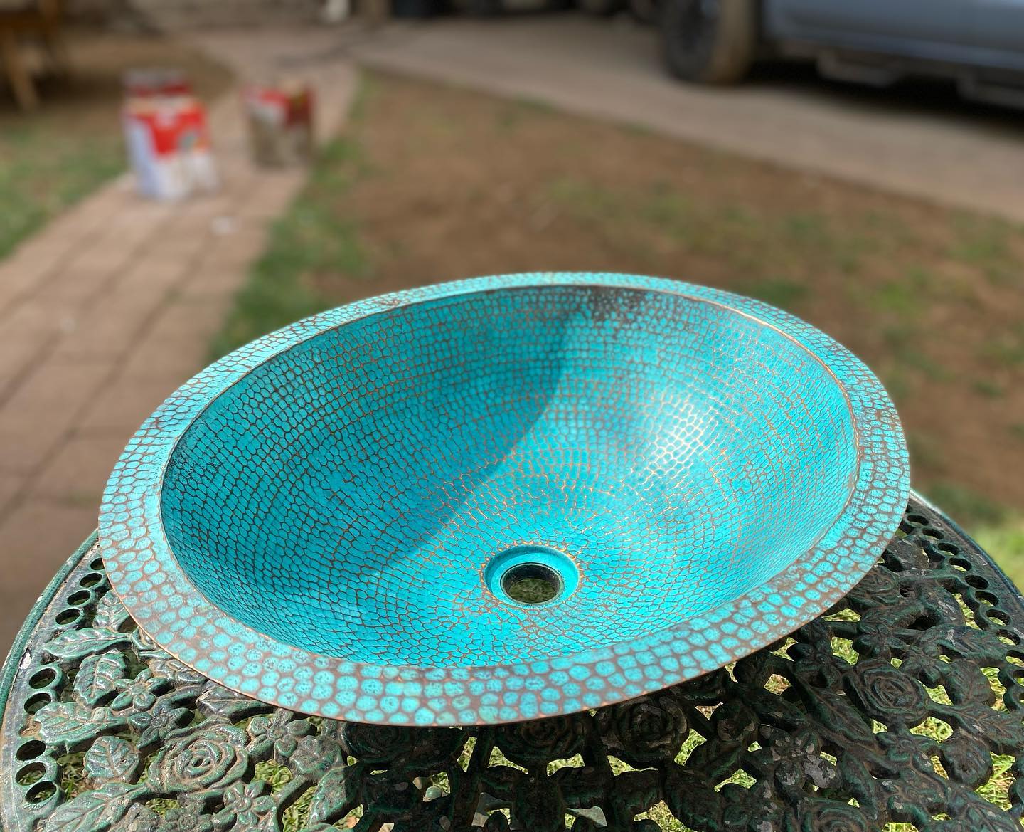 Antique Turquoise Weathered Bathroom Sink Basin in Copper - Syera