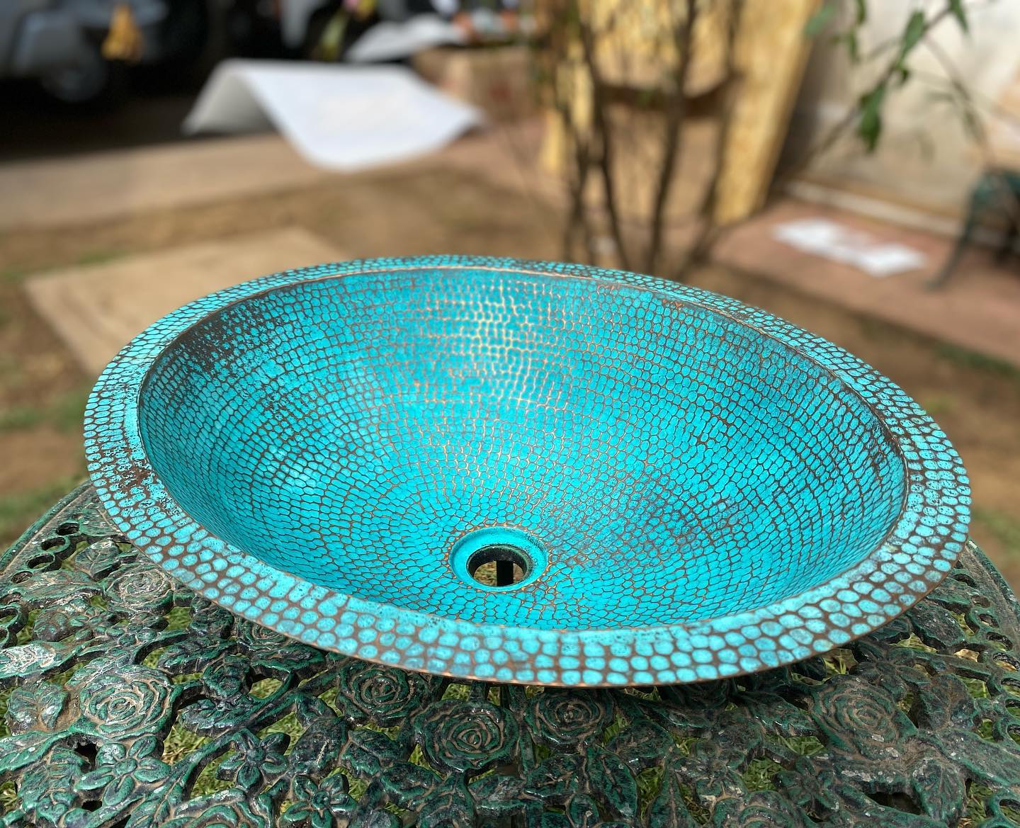 Antique Turquoise Weathered Bathroom Sink Basin in Copper - Syera