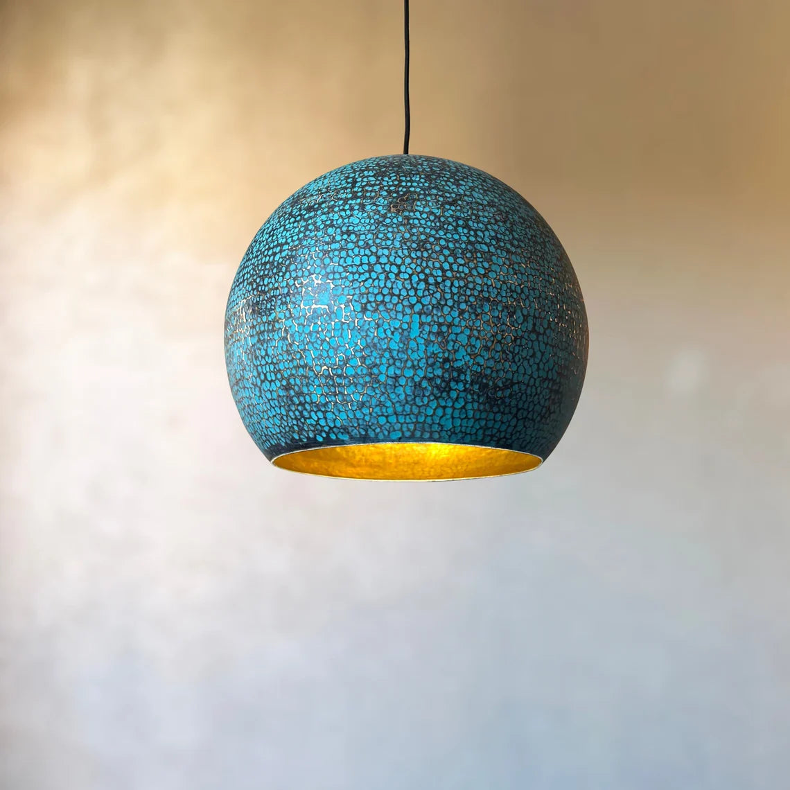 Blue Patina Brass Pendant Light, Handmade Large Dome Light