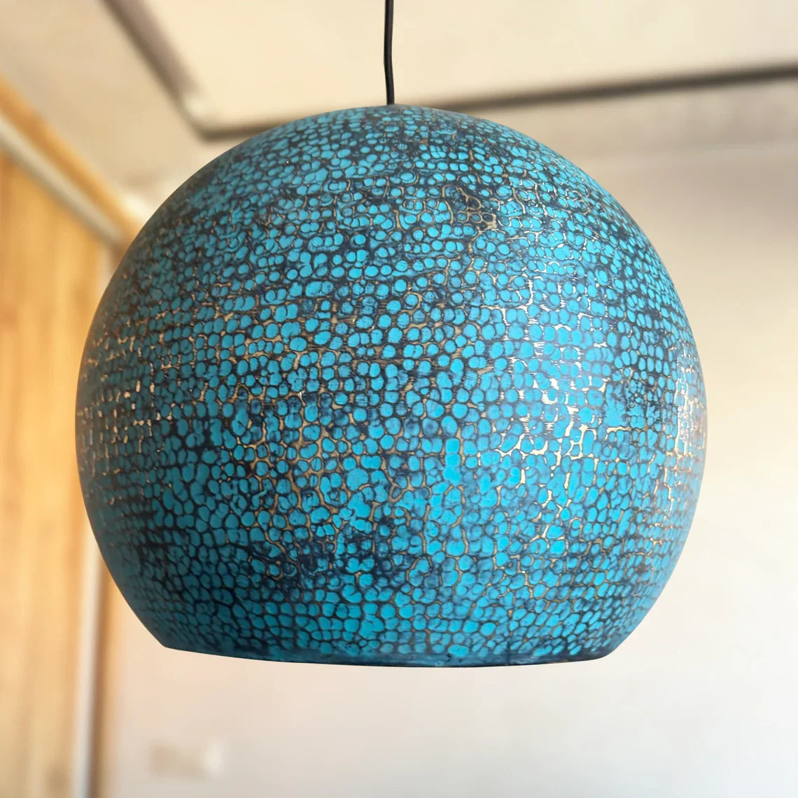 Blue Patina Brass Pendant Light, Handmade Large Dome Light