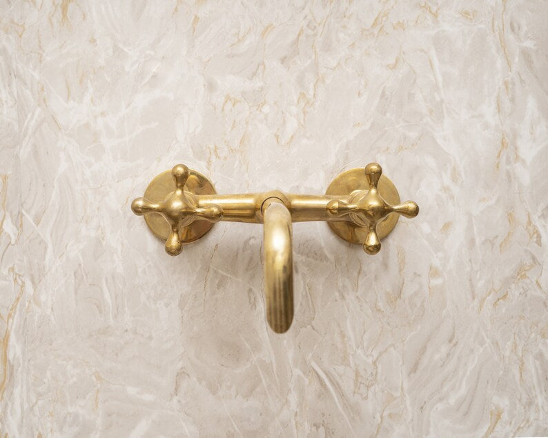 Unlacquered Brass Bathroom Sink Faucet, Wall Mounted Bathroom Faucet With Cross Handles