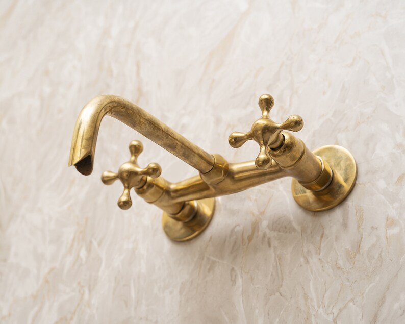 Unlacquered Brass Bathroom Sink Faucet, Wall Mounted Bathroom Faucet With Cross Handles