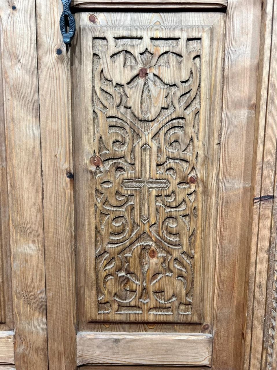 Traditional Moroccan door carved wooden door, with two windows in wrought iron worked a hand. wall decor.