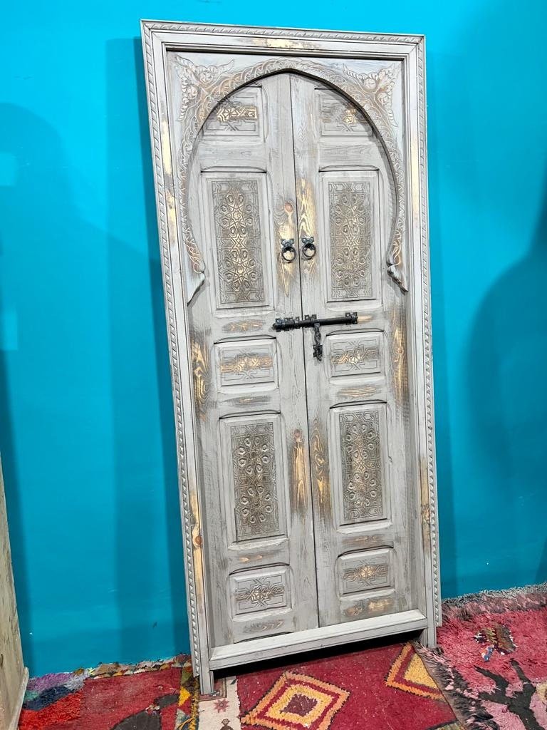 White Moroccan  Carved Door , Wooden Door , Antique Door , Wall Decor ,  Double Carved Wooden White Door .