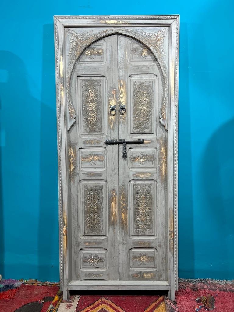 White Moroccan  Carved Door , Wooden Door , Antique Door , Wall Decor ,  Double Carved Wooden White Door .