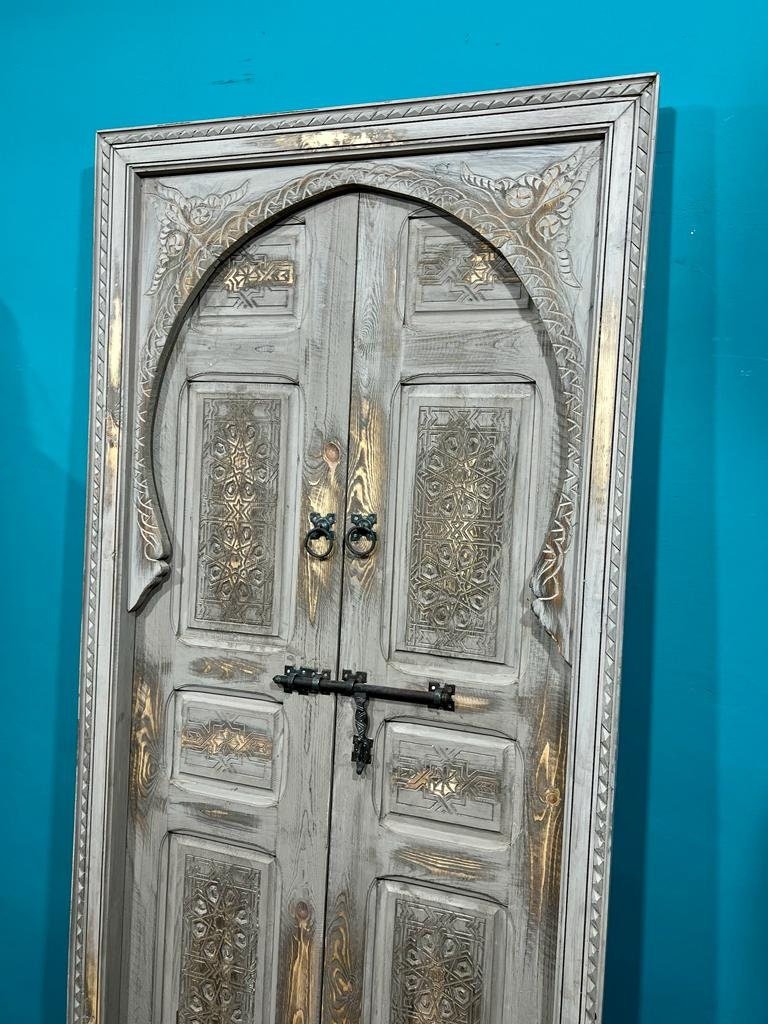 White Moroccan  Carved Door , Wooden Door , Antique Door , Wall Decor ,  Double Carved Wooden White Door .