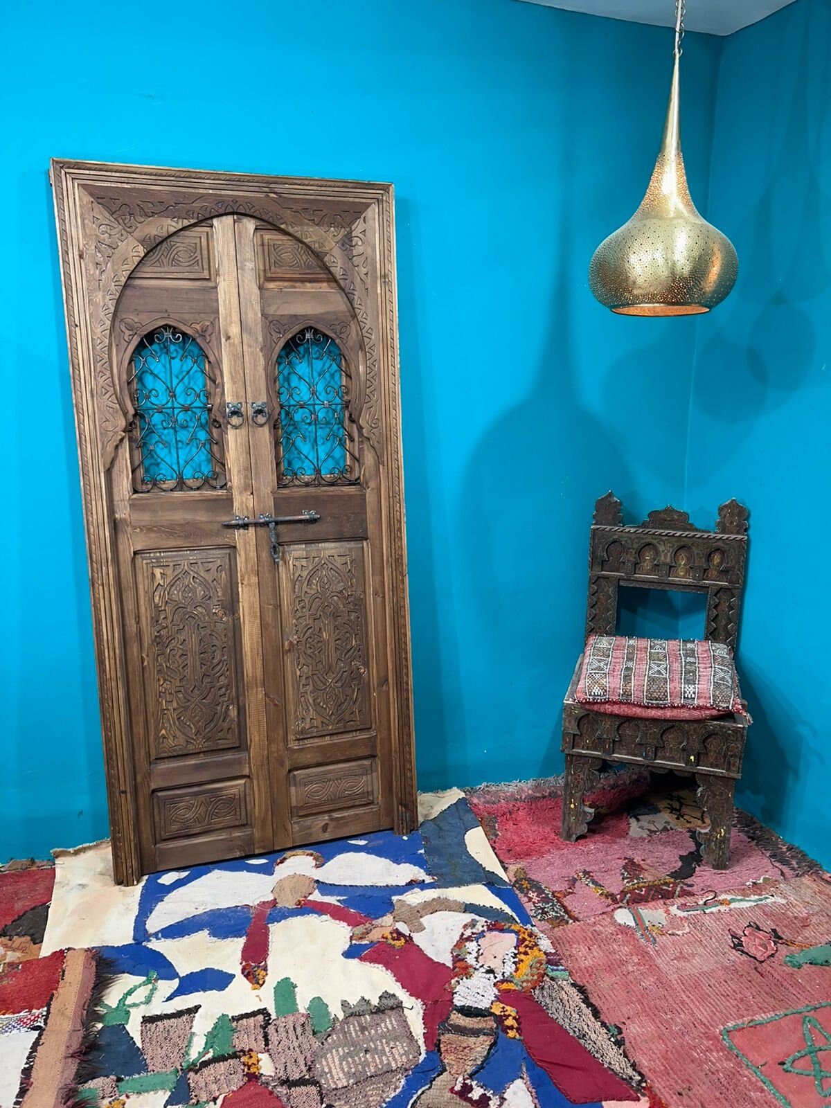 Wooden Carved Moroccan Door With Fer Forgé , Interior Exterior Door , Porte de grange .