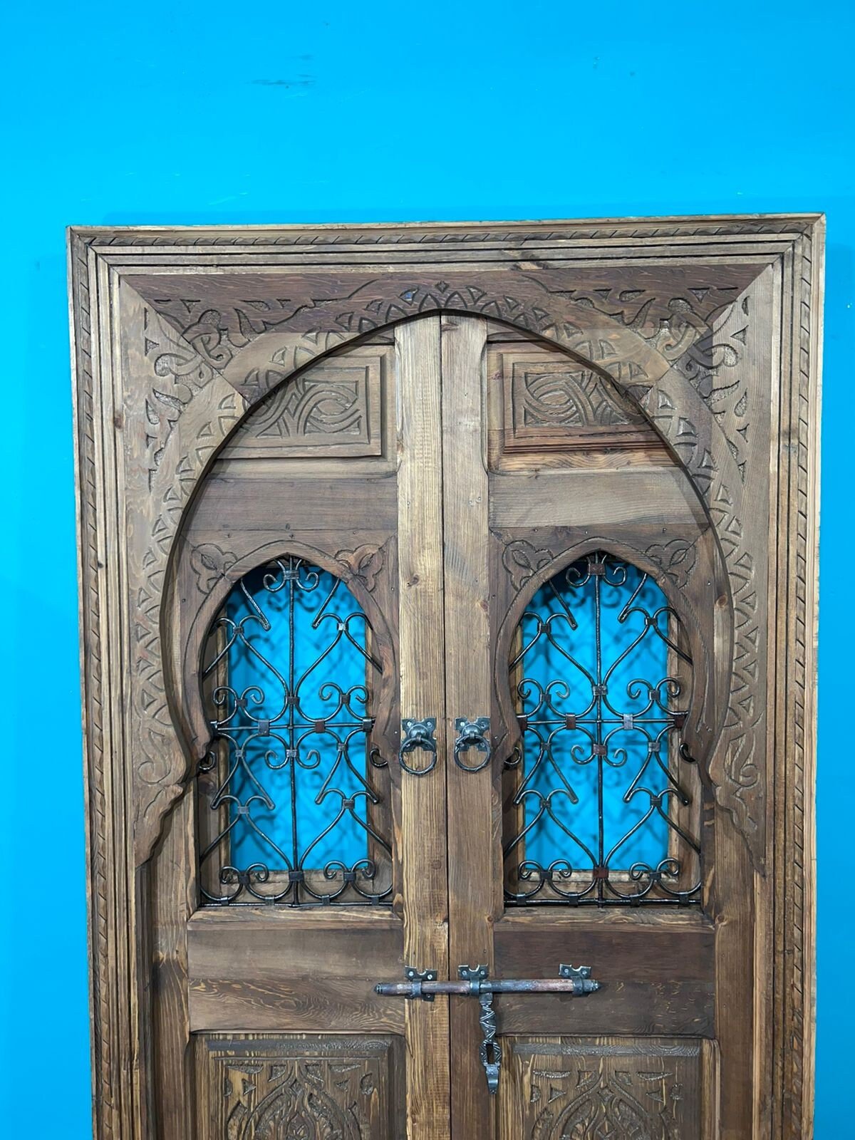 Wooden Carved Moroccan Door With Fer Forgé , Interior Exterior Door , Porte de grange .