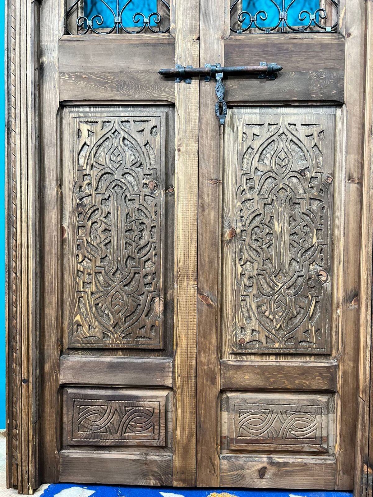 Wooden Carved Moroccan Door With Fer Forgé , Interior Exterior Door , Porte de grange .