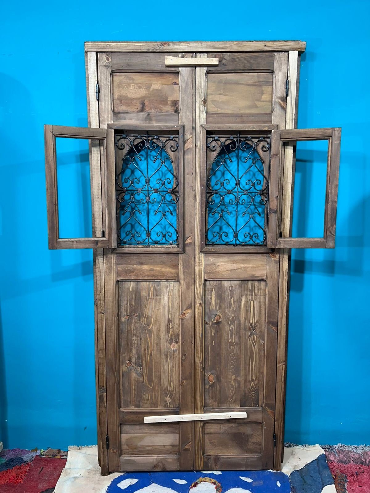 Wooden Carved Moroccan Door With Fer Forgé , Interior Exterior Door , Porte de grange .