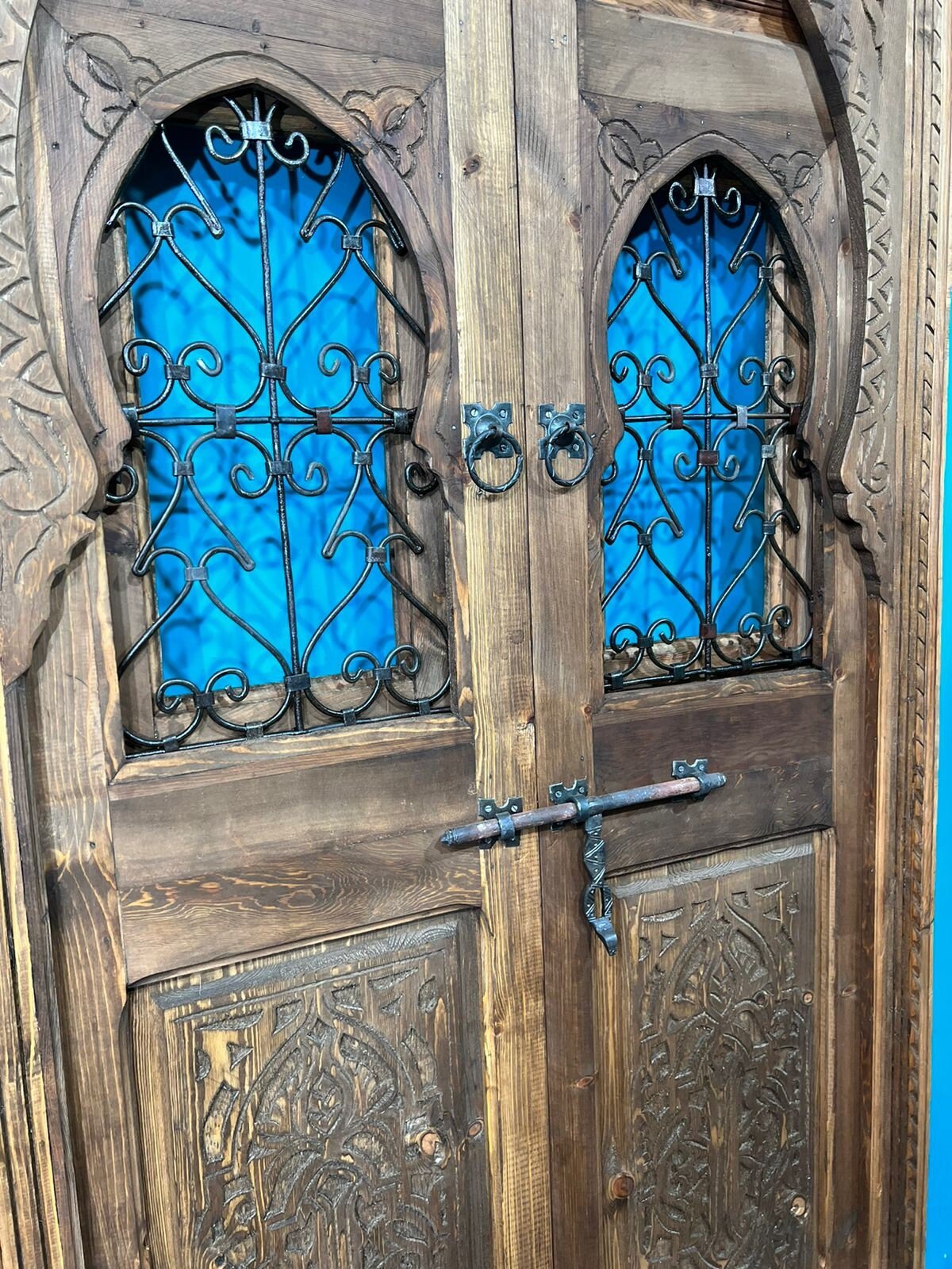 Wooden Carved Moroccan Door With Fer Forgé , Interior Exterior Door , Porte de grange .