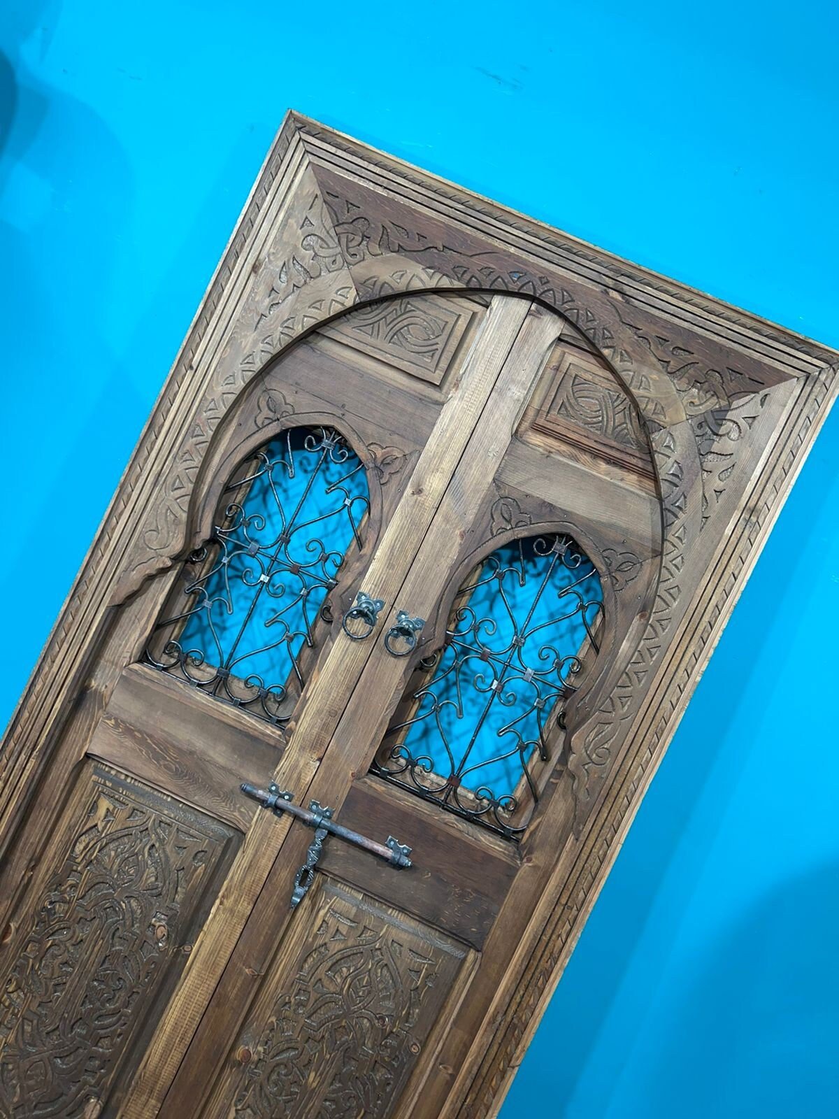 Wooden Carved Moroccan Door With Fer Forgé , Interior Exterior Door , Porte de grange .