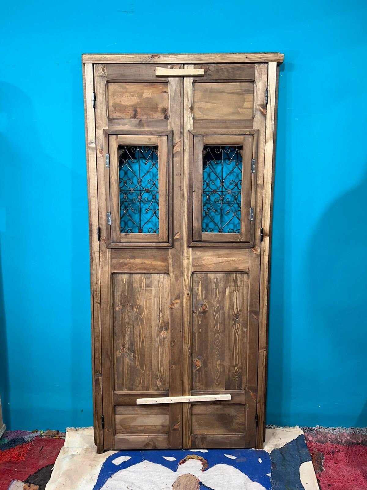 Wooden Carved Moroccan Door With Fer Forgé , Interior Exterior Door , Porte de grange .