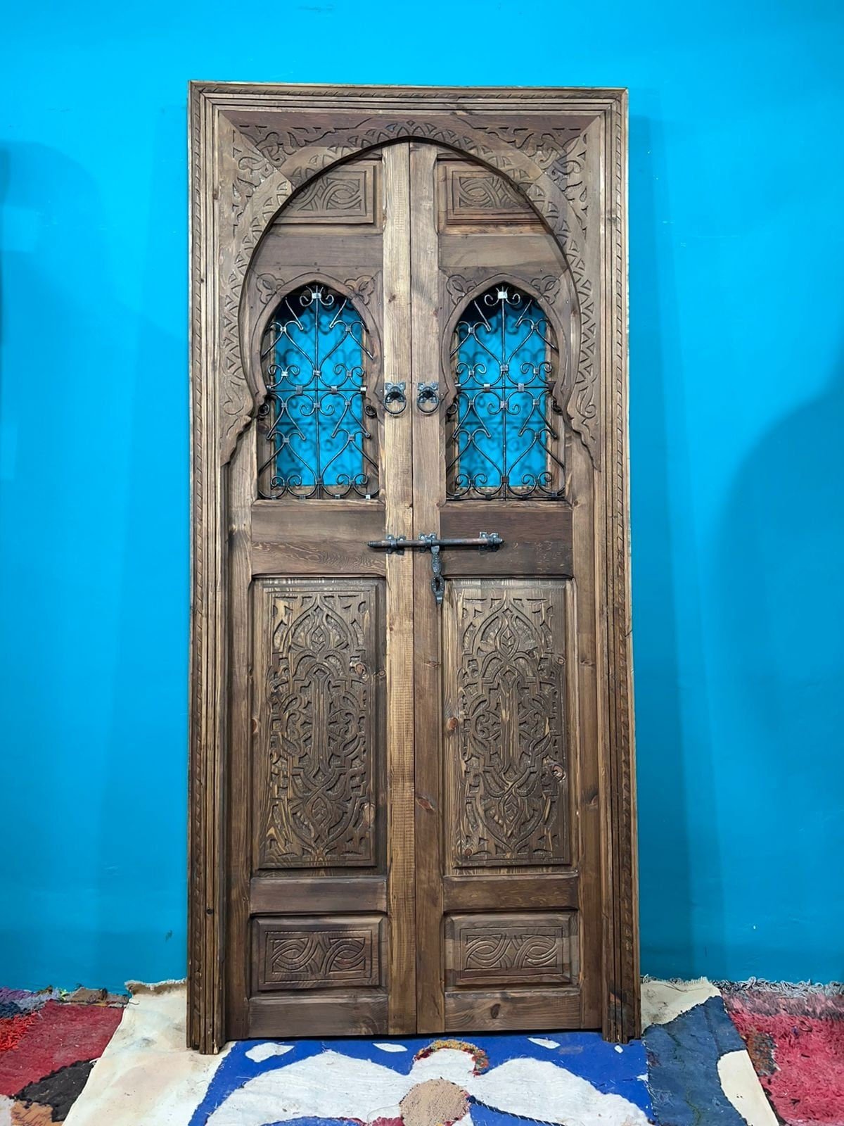 Wooden Carved Moroccan Door With Fer Forgé , Interior Exterior Door , Porte de grange .