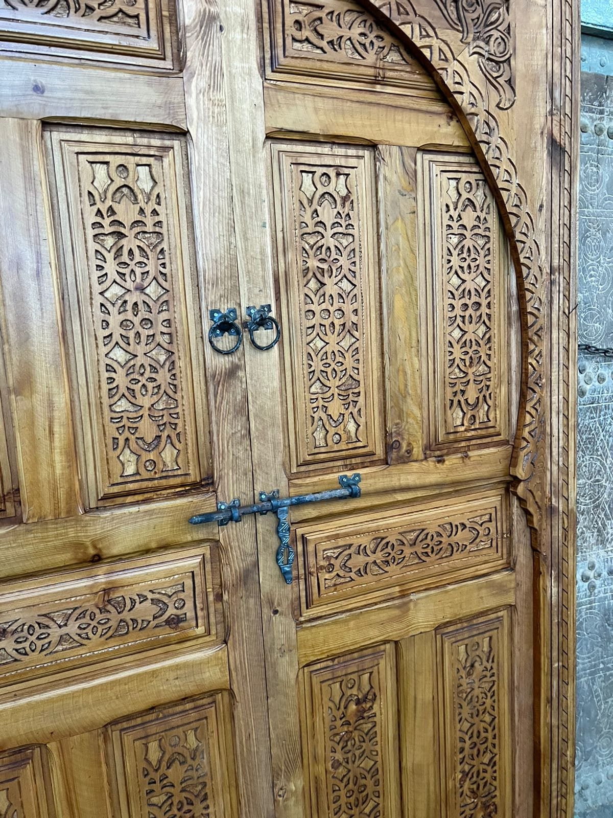 Traditional Moroccan Carved Wood Door, With an illustration of Mooring Model, Reclaimed door, Entrance Door .