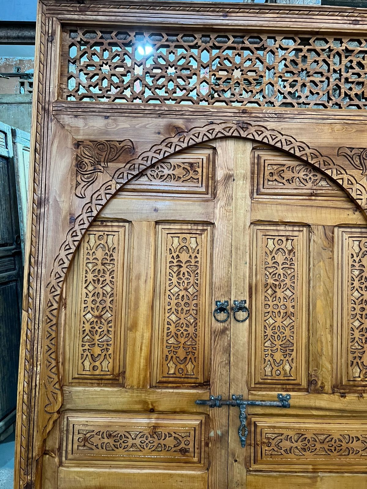 Traditional Moroccan Carved Wood Door, With an illustration of Mooring Model, Reclaimed door, Entrance Door .