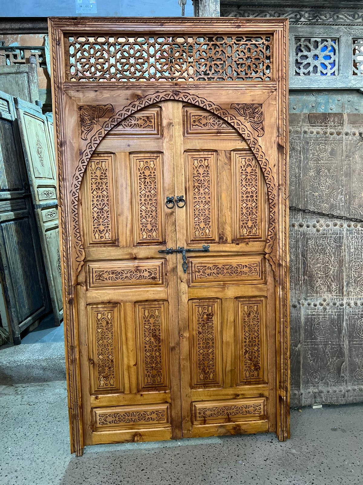 Traditional Moroccan Carved Wood Door, With an illustration of Mooring Model, Reclaimed door, Entrance Door .