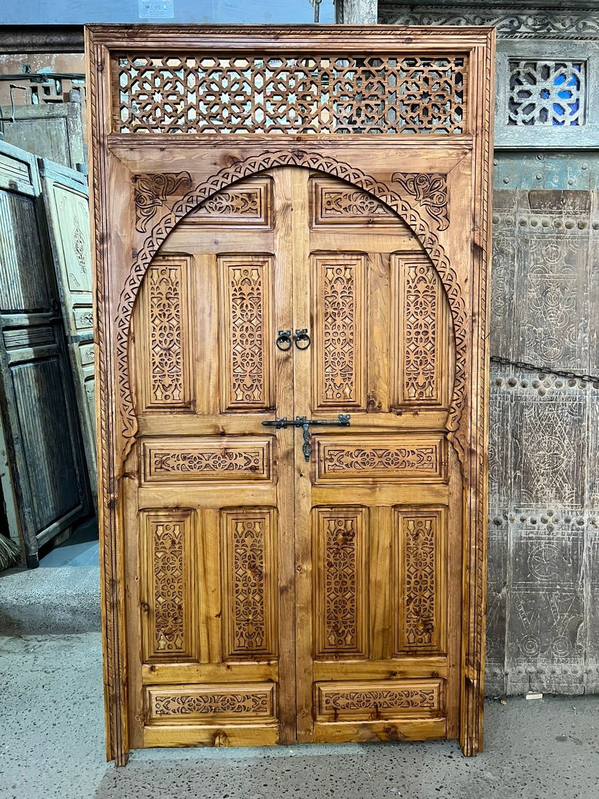 Traditional Moroccan Carved Wood Door, With an illustration of Mooring Model, Reclaimed door, Entrance Door .