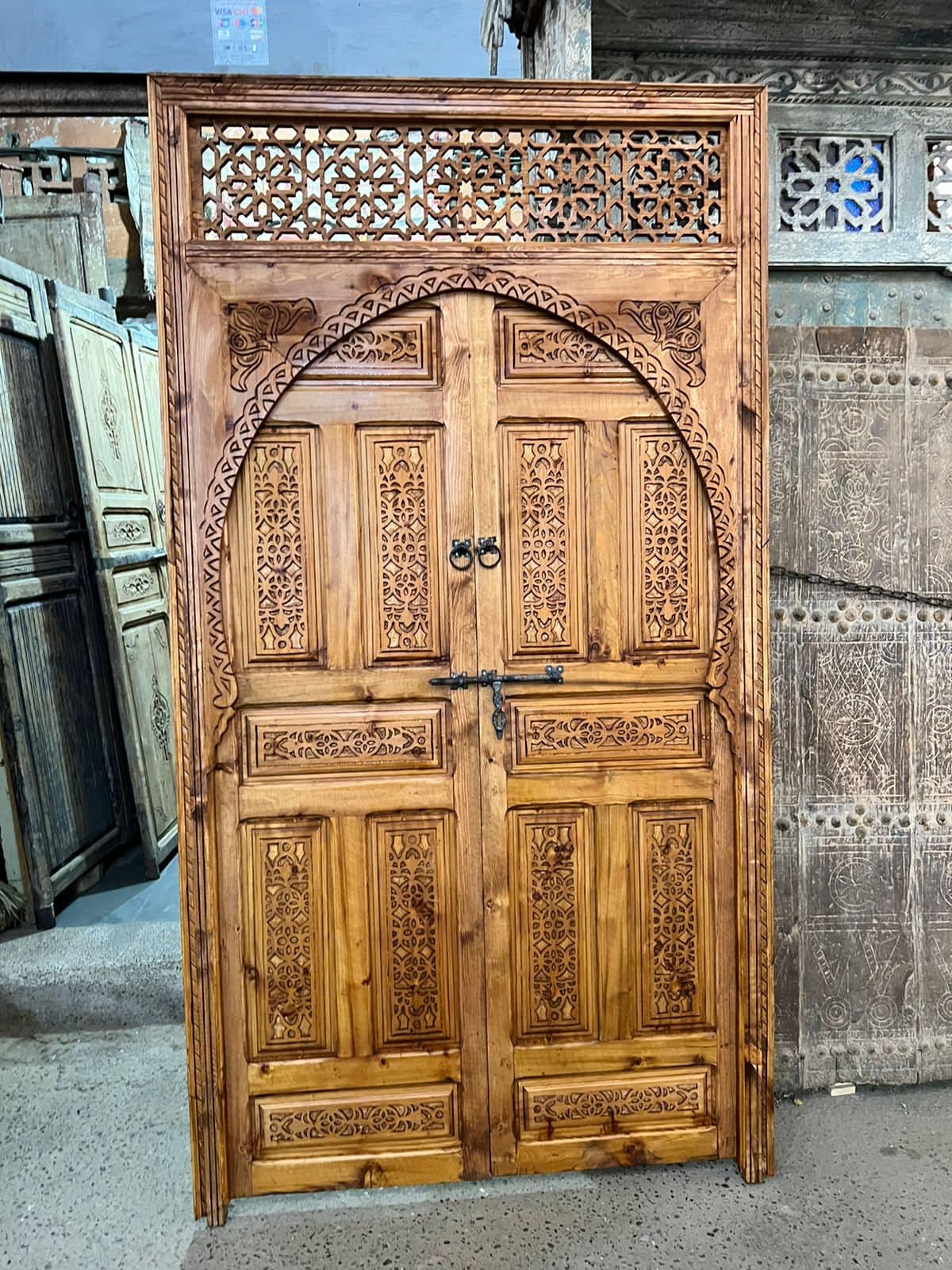 Traditional Moroccan Carved Wood Door, With an illustration of Mooring Model, Reclaimed door, Entrance Door .