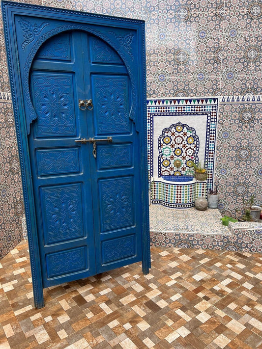 Wooden Carved Moroccan Door - Hand Painted, Distressed, Vintage, Antique, Blue Wooden Large Door Crafted with Best Quality of Wood