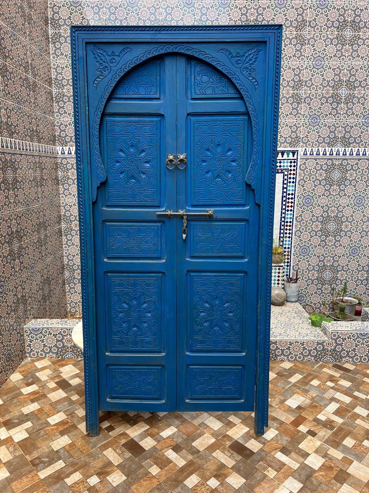 Wooden Carved Moroccan Door - Hand Painted, Distressed, Vintage, Antique, Blue Wooden Large Door Crafted with Best Quality of Wood