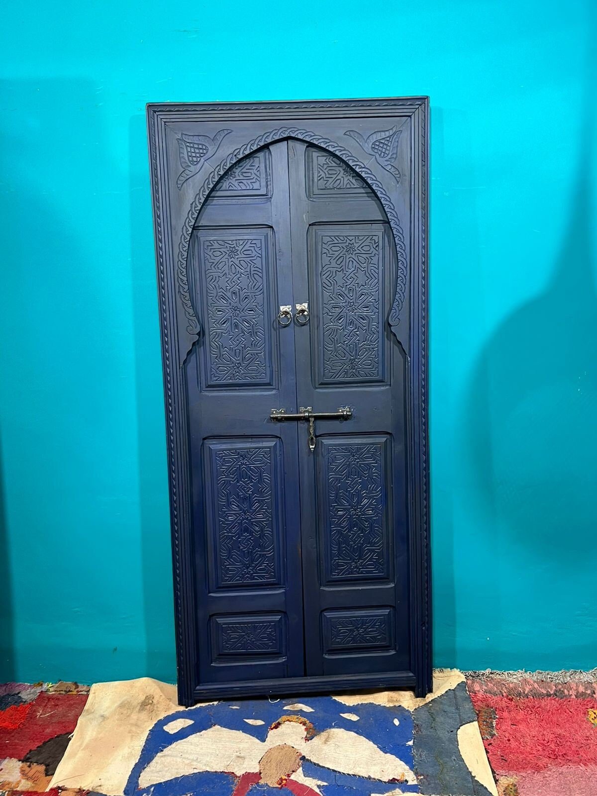 Wooden Carved Blue Moroccan Door - Hand Painted, Distressed, Vintage, Antique, Blue Wooden Large Door Crafted with Best Quality of Wood