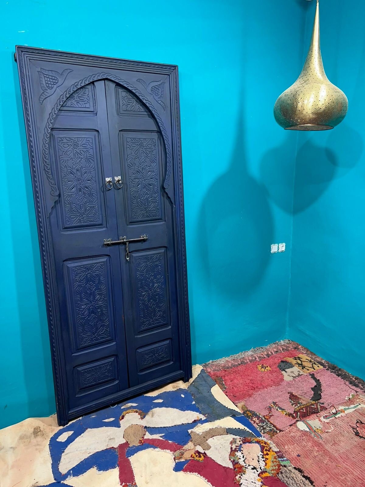 Wooden Carved Blue Moroccan Door - Hand Painted, Distressed, Vintage, Antique, Blue Wooden Large Door Crafted with Best Quality of Wood