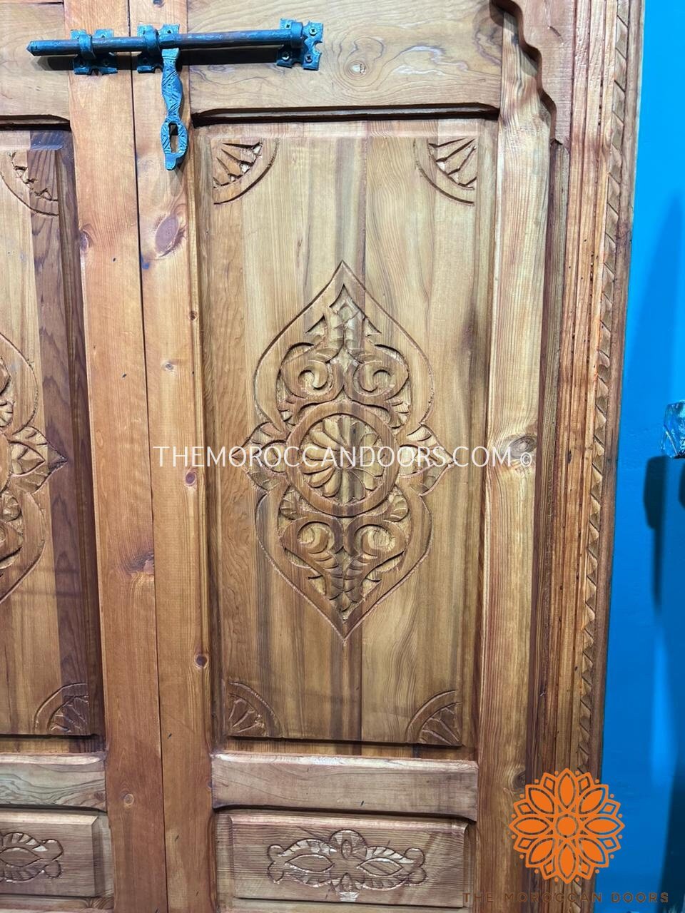 Traditional Moroccan Door Carved Wooden Door, With Two Windows In Wrought Iron Worked A Hand. Wall Decor For Your Home, Custom Wooden Doors.