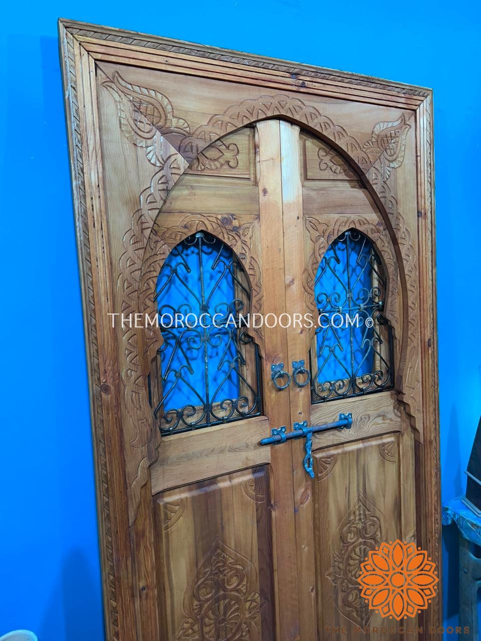 Traditional Moroccan Door Carved Wooden Door, With Two Windows In Wrought Iron Worked A Hand. Wall Decor For Your Home, Custom Wooden Doors.