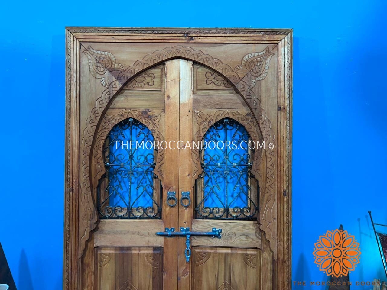 Traditional Moroccan Door Carved Wooden Door, With Two Windows In Wrought Iron Worked A Hand. Wall Decor For Your Home, Custom Wooden Doors.