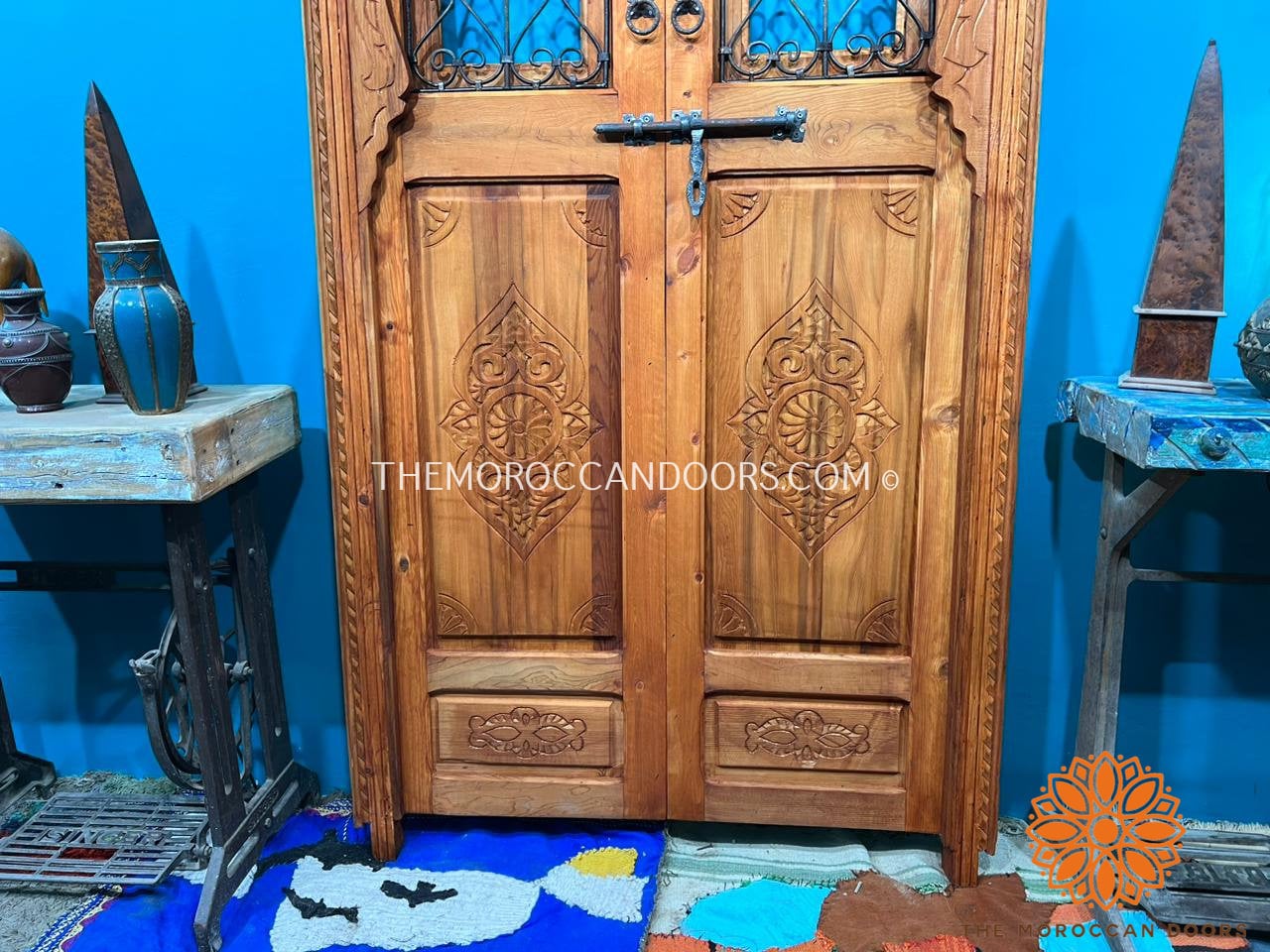 Traditional Moroccan Door Carved Wooden Door, With Two Windows In Wrought Iron Worked A Hand. Wall Decor For Your Home, Custom Wooden Doors.