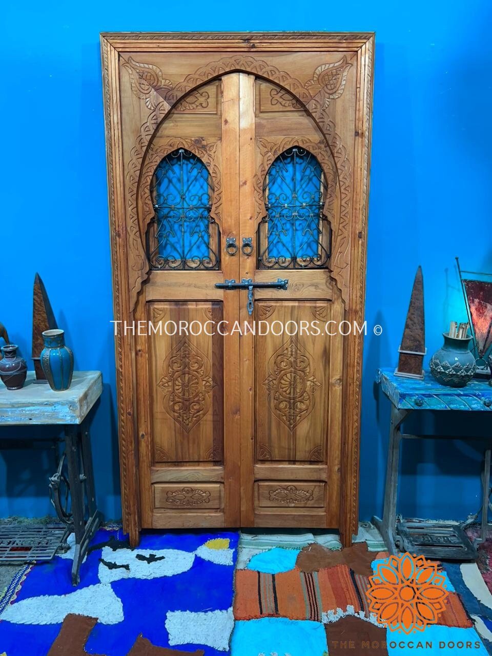 Traditional Moroccan Door Carved Wooden Door, With Two Windows In Wrought Iron Worked A Hand. Wall Decor For Your Home, Custom Wooden Doors.