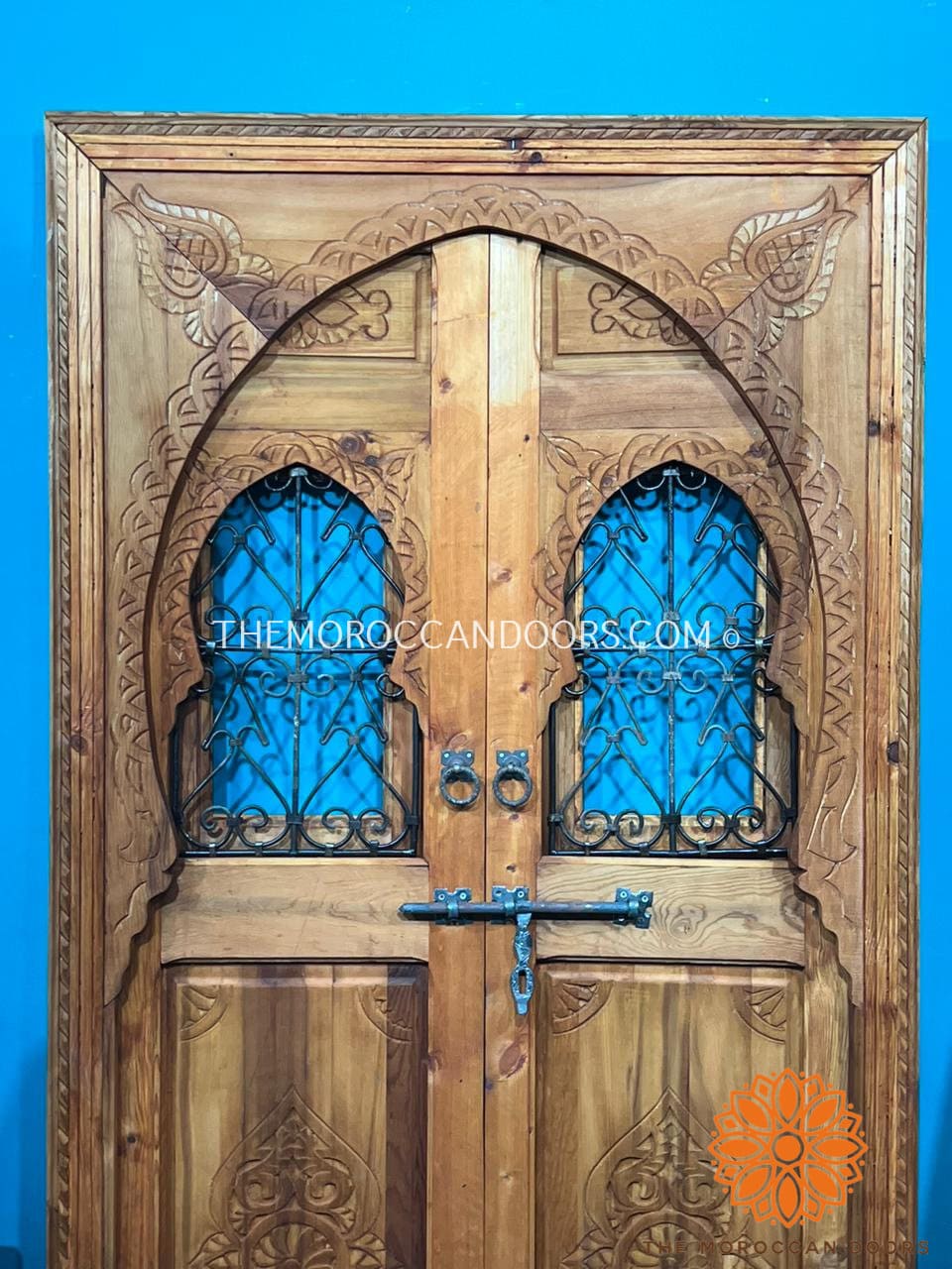 Traditional Moroccan Door Carved Wooden Door, With Two Windows In Wrought Iron Worked A Hand. Wall Decor For Your Home, Custom Wooden Doors.